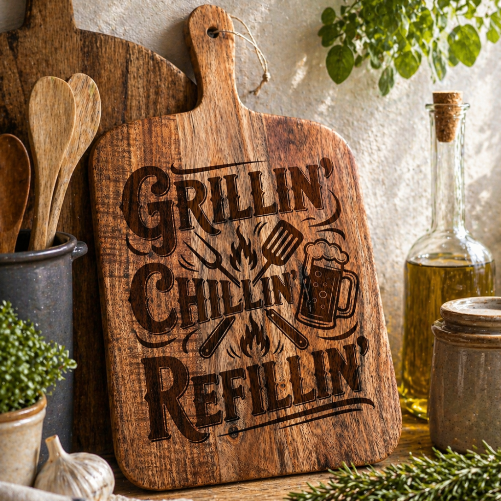 Houten snijplank BBQ – “Grillin’ Chillin’ Refillin’”