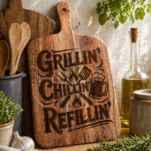 Houten snijplank BBQ – “Grillin’ Chillin’ Refillin’”