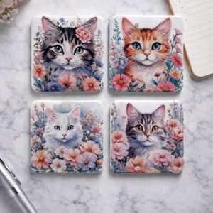 Katten Koelkastmagneten met Bloemen – Set van 4