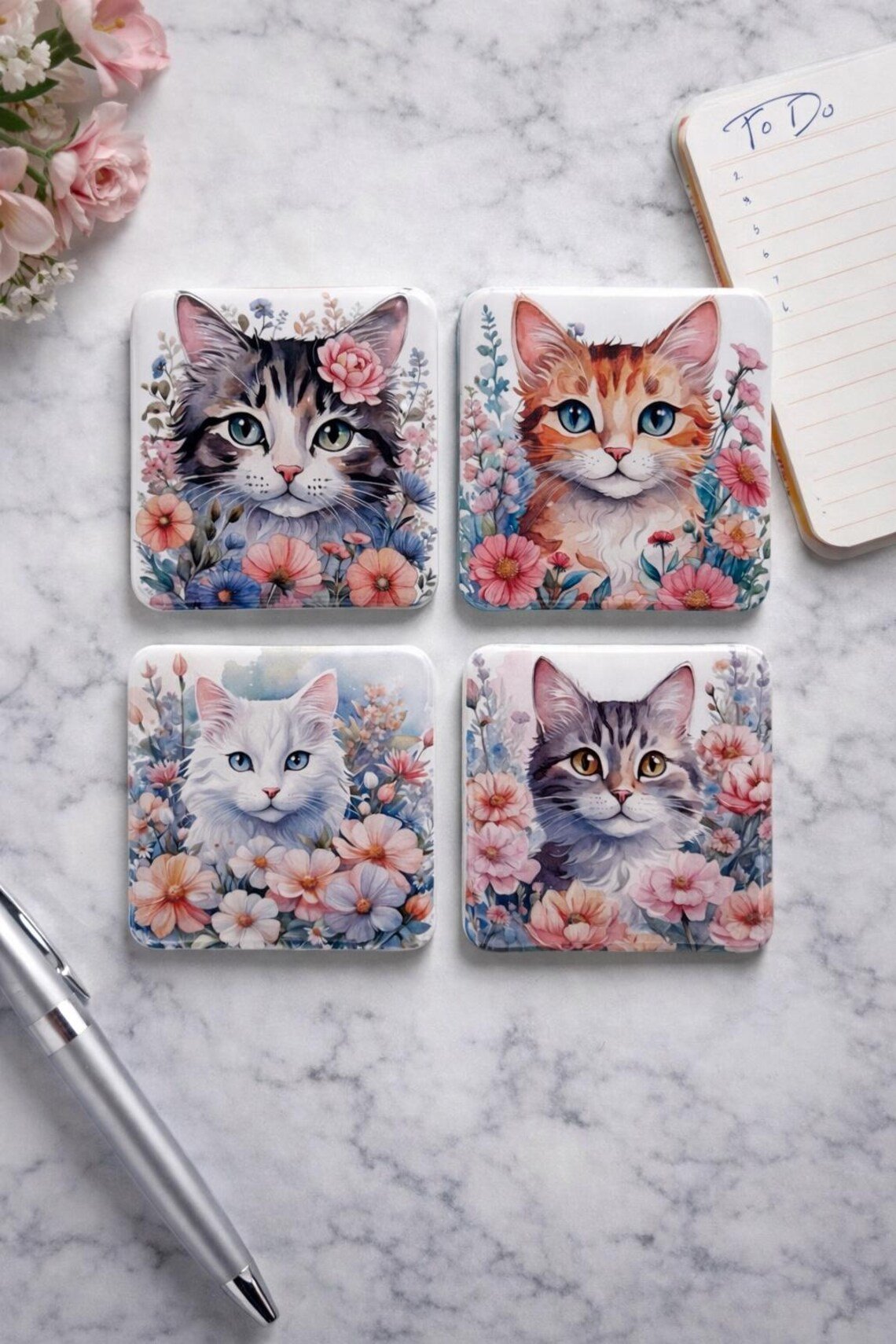Katten Koelkastmagneten met Bloemen – Set van 4