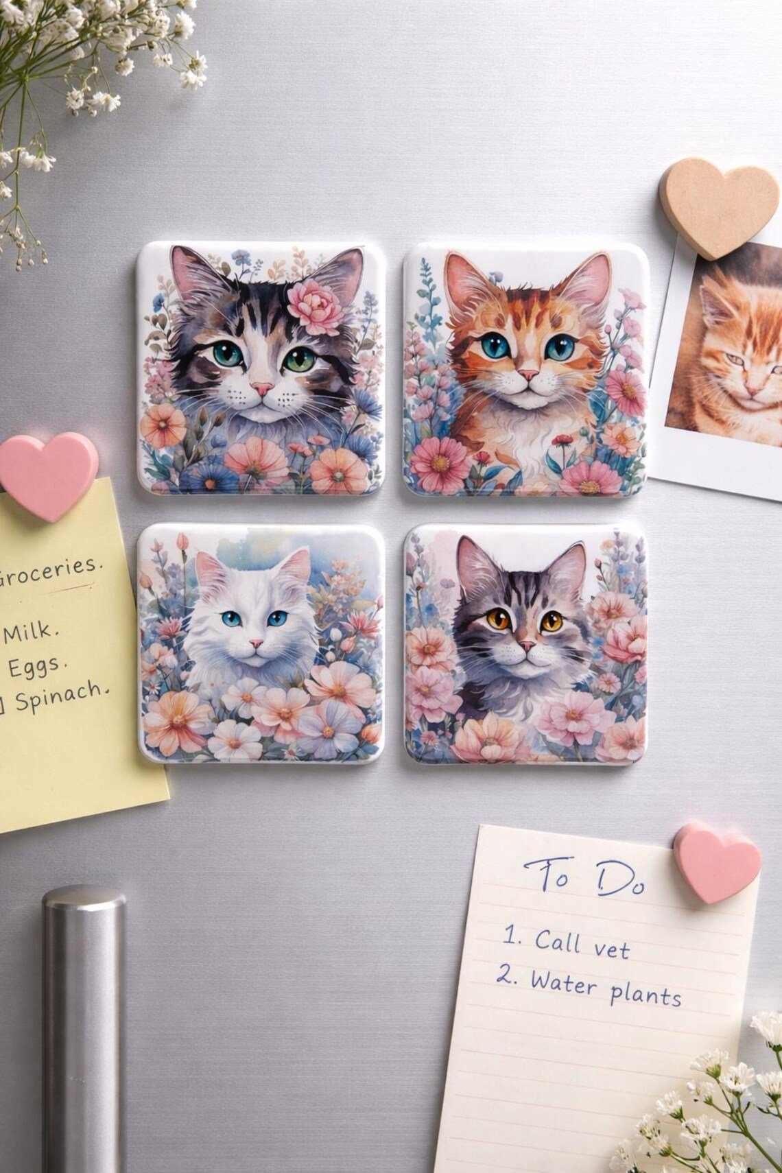 Katten Koelkastmagneten met Bloemen – Set van 4 - Image 4
