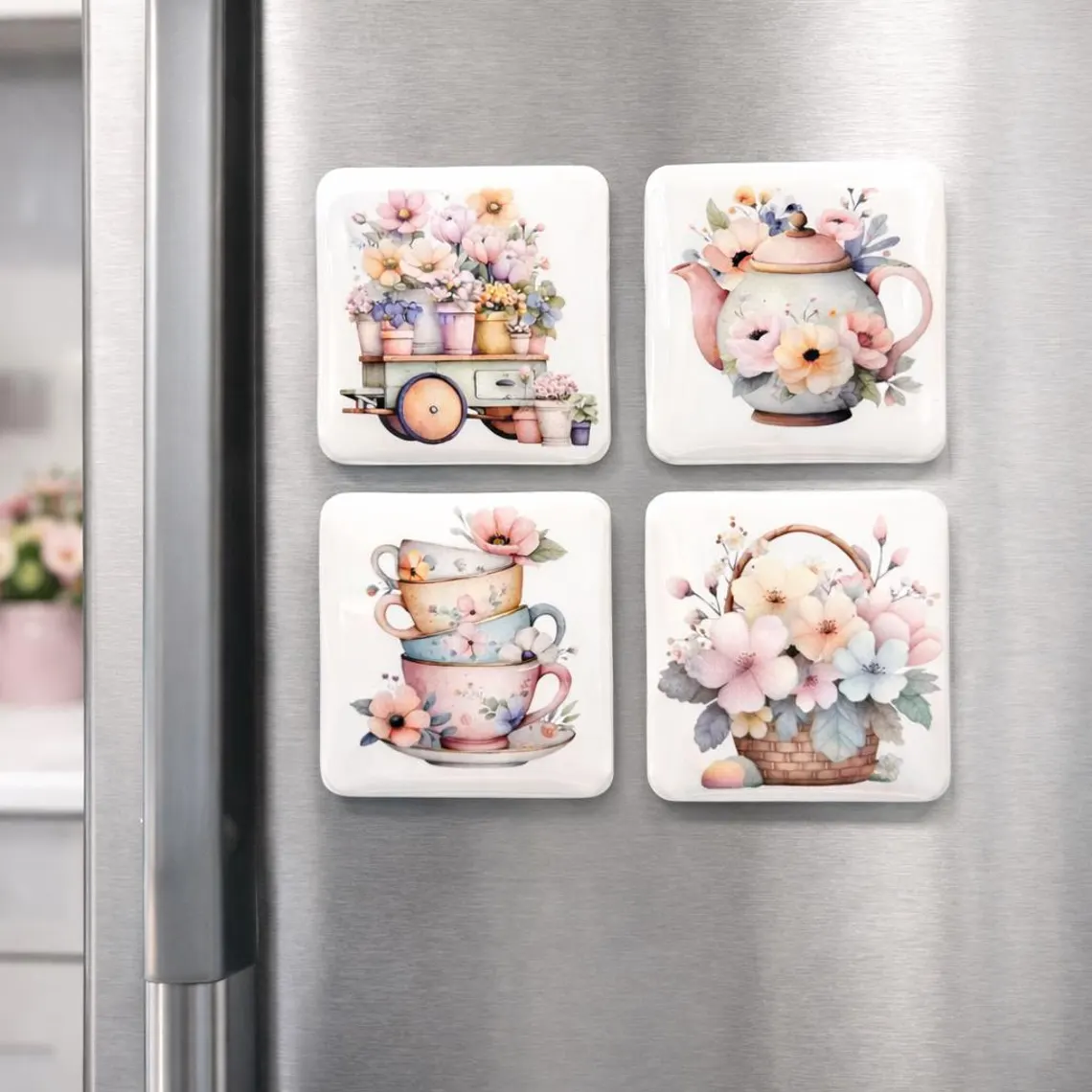 Pastel Bloemen Magneten - Set van 4