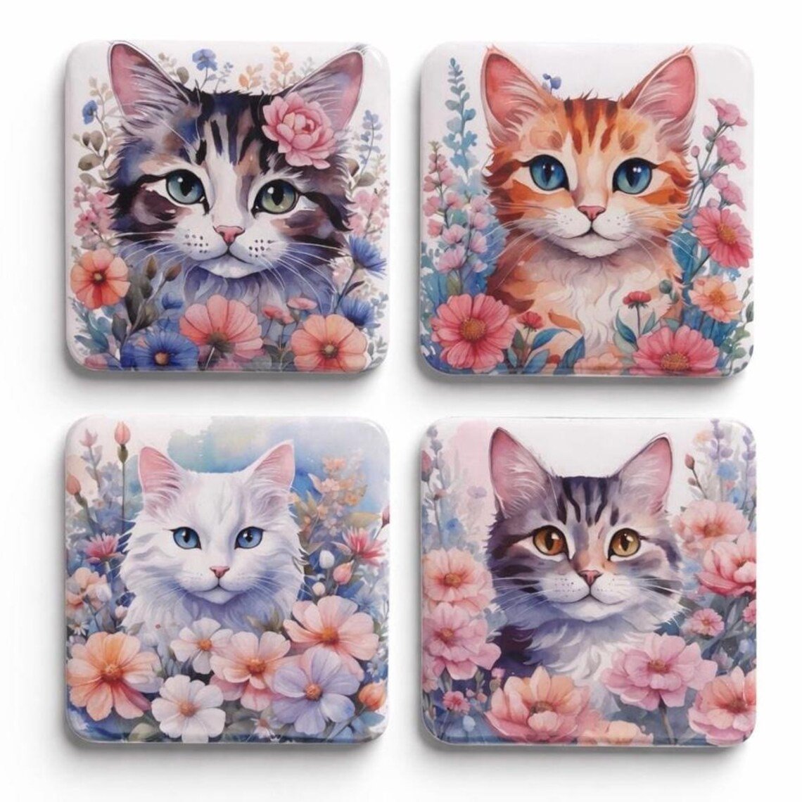 Katten Koelkastmagneten met Bloemen – Set van 4 - Image 5