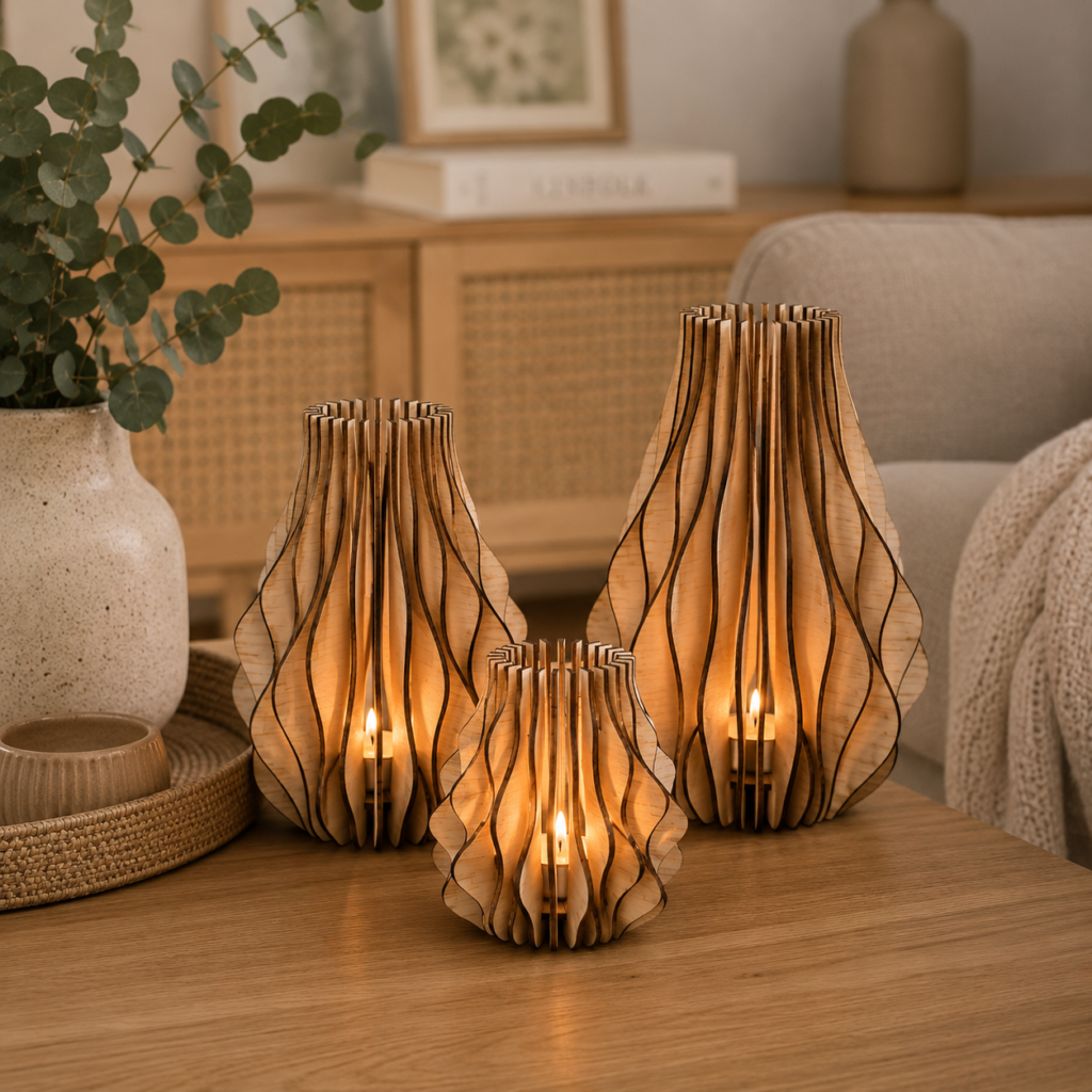 Houten Theelichthouder – Wavy